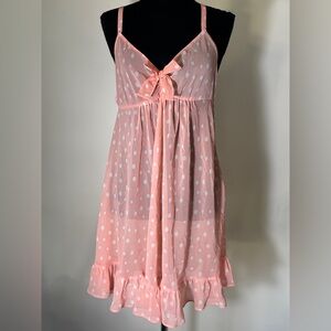 Oscar de la Renta Sheer Peach & White polka Dot Babydoll Nightie w/ Bow Size L